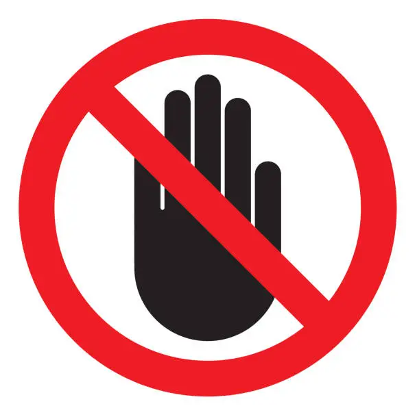 Vector illustration of NO ENTRY sign. Stop palm hand icon in crossed out red circle