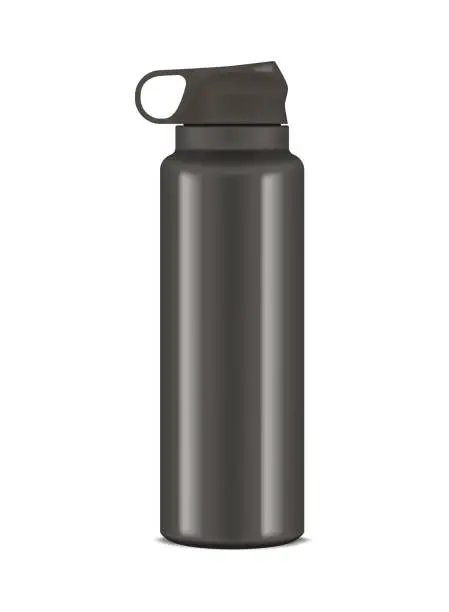 Vector illustration of Vacuum insulated water bottle with carry handle, realistic vector illustration. Black metal sport flask, mockup