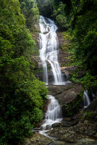 Beautiful Atlantic Rainforest waterfall on green landscape in Rio de Janeiro, RJ, Brazil