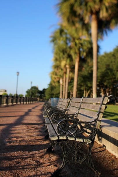 Park Benches On The Charleston, South Carolina Waterfront in Charleston, SC, United States