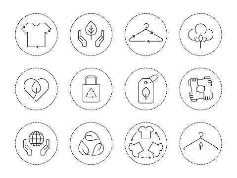 Ethical fashion linear icons collection. Vector illustration, flat style, clip art.