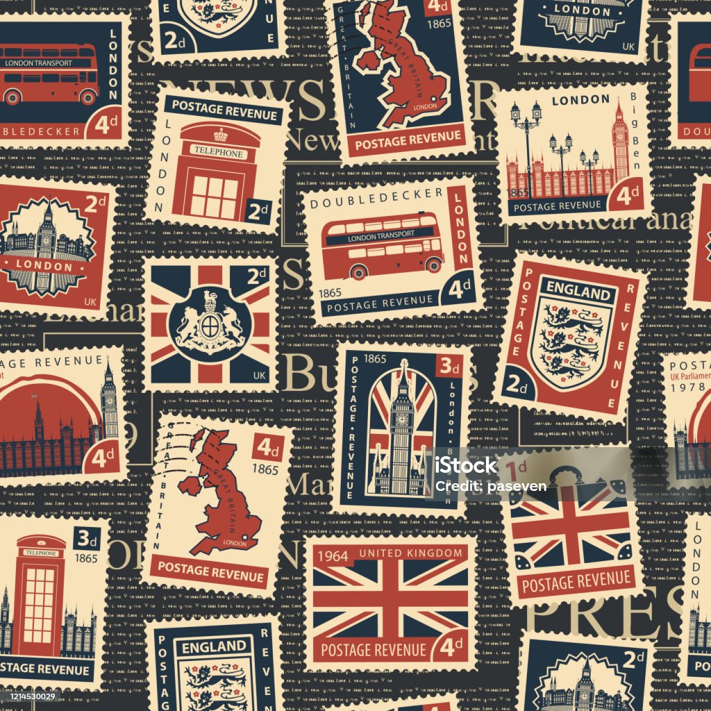 modèle sans couture avec des timbres sur le thème du Royaume-Uni - clipart vectoriel de Timbre-poste libre de droits modèle sans couture avec des timbres sur le thème du Royaume-Uni - clipart vectoriel de Timbre-poste libre de droits