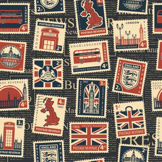 Vector illustration of seamless pattern with stamps on the theme of UK