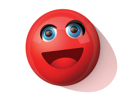 Blue eyed and smiling red emoji icon on white background. Embarrassed emoji.