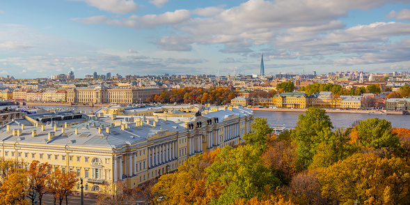 This pic shows aerial  Rooftop View of St. Petersburg city from the colonnade of St. Isaac's Cathedral. The pic is taken in october 2019.