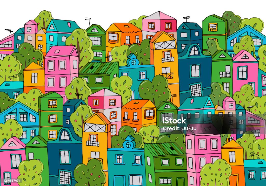 grüne Stadt glücklich Ort mit vielen kleinen Häusern und Bäumen, - Lizenzfrei Small Town Vektorgrafik
