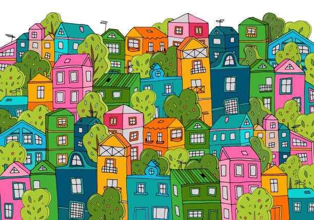 ilustraciones, imágenes clip art, dibujos animados e iconos de stock de pueblo verde lugar feliz con muchas casas pequeñas y árboles, - small town illustrations