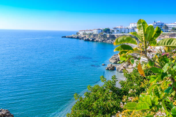 View in Nerja with coastline and blue sky Viewpoint from the balcony Europe on the Spanish coast of Nerja. Sunshine on an autumn day on the Costa del Sol. View of the Mediterranean Sea with blue sky and trees in the foreground costa del sol málaga province photos stock pictures, royalty-free photos & images