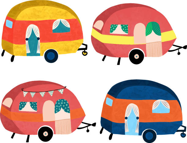 ilustrações de stock, clip art, desenhos animados e ícones de camper vans illustration icon set. hand drawn cute campers isolated vector objects. - auto mobile