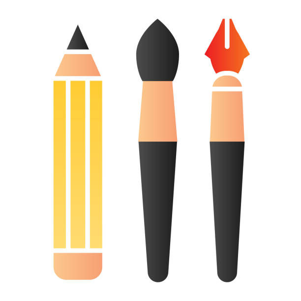 ilustrações de stock, clip art, desenhos animados e ícones de hand drawn instruments flat icon. pencil, pen, brush symbol, gradient style pictogram on white background. school or stationery items sign for mobile concept and web design. vector graphics. - pencil