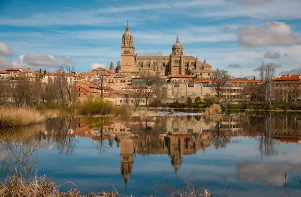 View of the city of Salamanca and the Cathedral reflected in the calm waters of the Tormes river. Spain