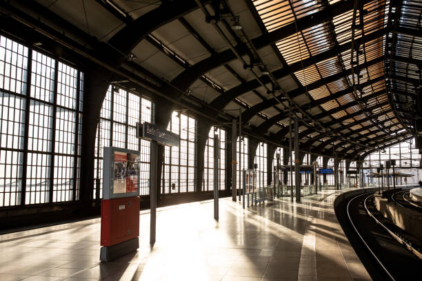Berlin, Germany - March 23, 2020: View of one of Berlin's most famous S-Bahn station Friedrichstrasse completely empty due to new German regulations aiming to limit the spread of the new COVID-19 coronavirus.