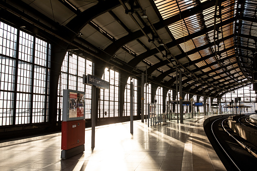 Berlin, Germany - March 23, 2020: View of one of Berlin's most famous S-Bahn station Friedrichstrasse completely empty due to new German regulations aiming to limit the spread of the new COVID-19 coronavirus.