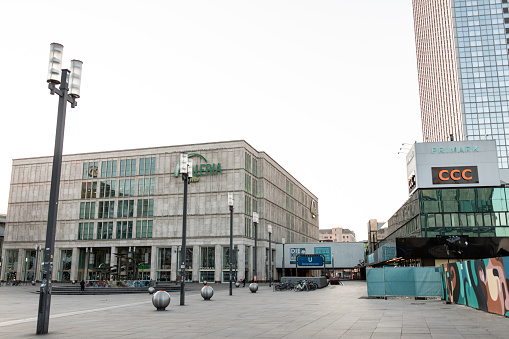 Berlin, Germany - March 23, 2020: View of Berlin's Alexanderplatz with almost no people due to restrictions in place to avoid the spread of Coronavirus