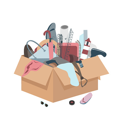 Messy box with useless broken things. Mess icon. Throw away Junk from home concept. Vector illustration