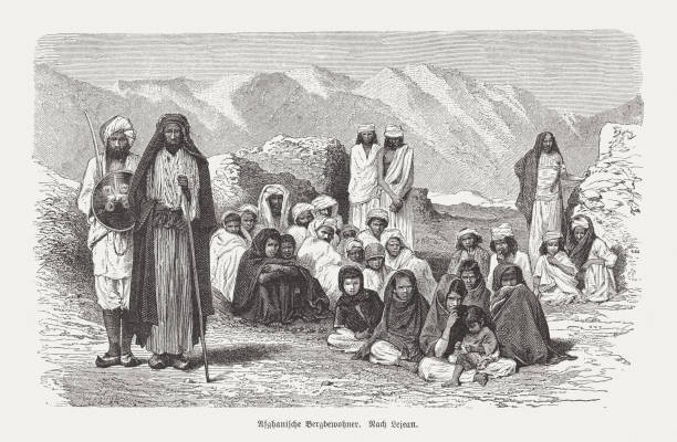 ilustraciones, imágenes clip art, dibujos animados e iconos de stock de pueblo afgano en el pasado, grabado en madera, publicado en 1893 - afghanistan person