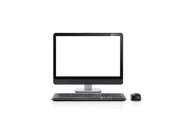 Photo of computer with white background and computer mouse isolated on white background