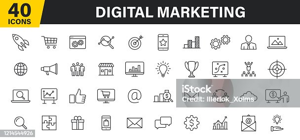 istock Set of 40 Digital Marketing web icons in line style. Social, networks, feedback, communication, marketing, ecommerce. Vector illustration. 1214544926
