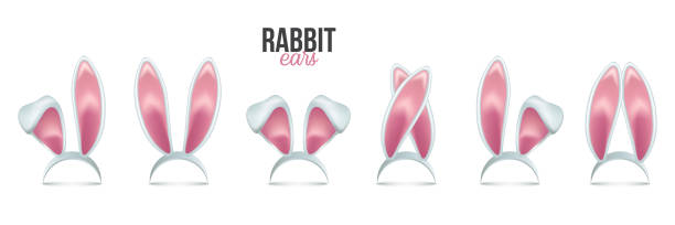 Rabbit ears realistic 3d vector illustrations set. Easter bunny ears kid headband, mask collection. Hare costume pink cartoon element. Photo editor, booth, video chat app color isolated cliparts. Rabbit ears realistic 3d vector illustrations set. Easter bunny ears kid headband, mask collection. Hare costume pink cartoon element. Photo editor, booth, video chat app color isolated cliparts bunny ear stock illustrations
