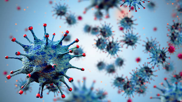istock 3D rendering, blue coronavirus cells covid-19 influenza flowing with particles on blue gradient background as dangerous flu strain cases as a pandemic medical health risk 1214546172