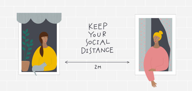Social distance people quarantine illustration People keep social distance to stay safe while Coronavirus epidemic pandemic quarantine isolation instruction. Women smile communicate in window with cat. Simple flat character vector illustration. keeping cool stock illustrations