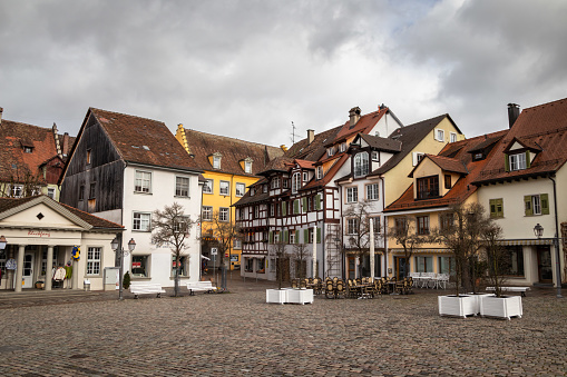 Meersburg, Germany - february 14 2020: Old historical buildings on a square in Meersburg, old historical town by the Bodensee lake in Germany