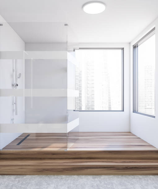 istock White and wooden bathroom interior with shower 1214548216