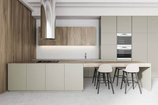 istock White and wooden kitchen interior with bar 1214548574