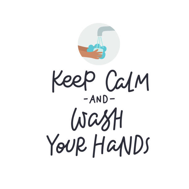 Keep calm and wash hands lettering illustration Keep calm and wash hands lettering quote postcard calligraphy. Coronavirus epidemic or pandemic concept vector illustration. Simple flat character cartoon style clip art for quarantine instruction. keeping cool stock illustrations