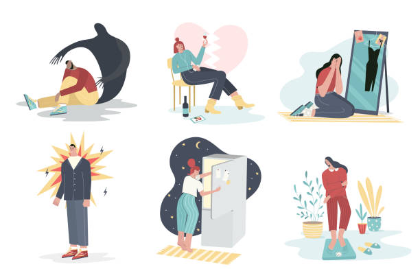 emotional problems Set of men and women with emotional problems, mental disorder, in stressful situations, drinking problem, judging yourself, depression, anxiety,  psychiatric or psychological issues. midnight illustrations stock illustrations