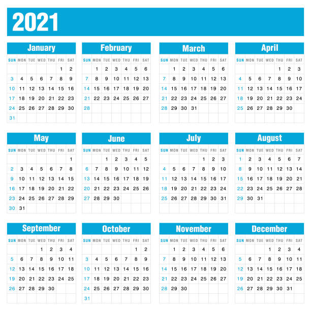 illustrazioni stock, clip art, cartoni animati e icone di tendenza di 2021 calendario blu su sfondo bianco stock illustrazione vettoriale - calendar october time week