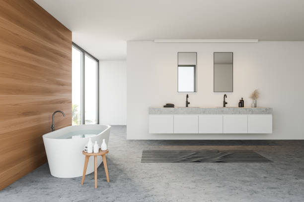istock White and wooden bathroom, side view 1214551592