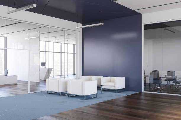 istock Blue waiting room corner with armchairs 1214551647