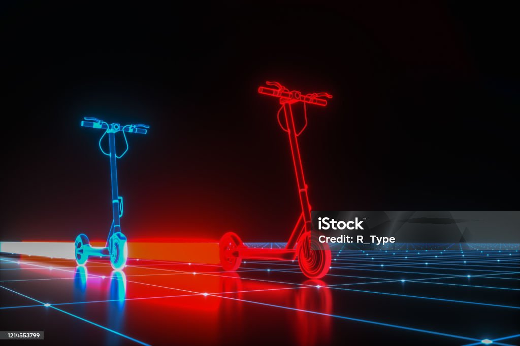 virtual e scooter pulls a beam behind it (3d rendering) Push Scooter Stock Photo