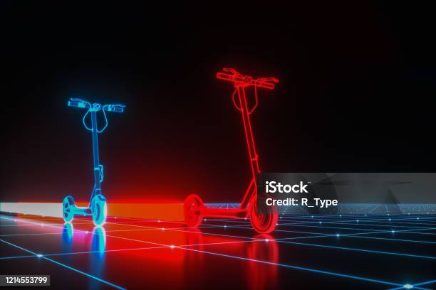 Virtual E Scooter Pulls A Beam Behind It Stock Photo - Download Image Now
