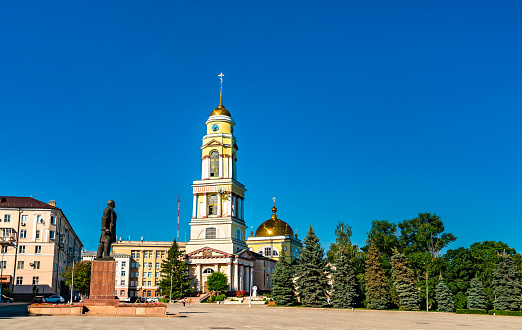 Monument to Lenin and Nativity Cathedral in Lipetsk, Russian Federation