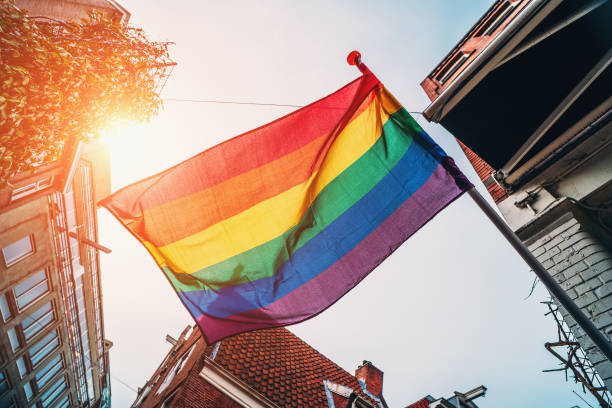 istock Rainbow LGBT Pride Flag blowing on wind, close up 1214554853