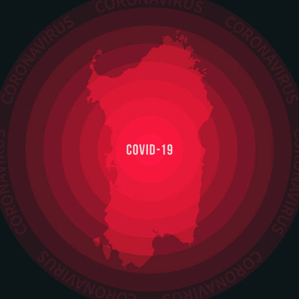 illustrazioni stock, clip art, cartoni animati e icone di tendenza di mappa della sardegna con la diffusione del covid-19. focolaio di coronavirus - sardegna