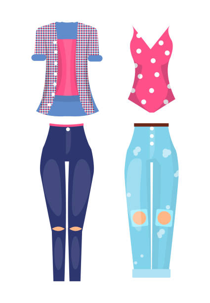 Summer Mode Collection Set Vector Illustration Summer mode collection, poster with set of items, summer mode trousers and top with polka dot, shirt vector illustration, isolated on white, new look hole in pants stock illustrations