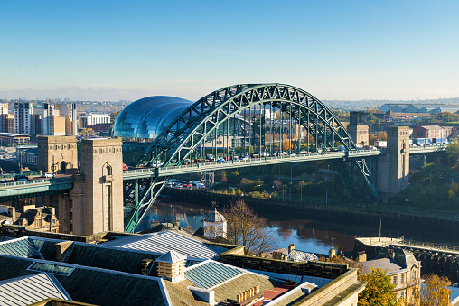 Elevated view of the iconic Tyne Bridge in Newcastle, England, UK