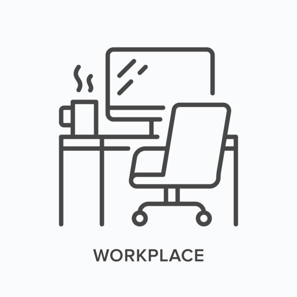 ilustraciones, imágenes clip art, dibujos animados e iconos de stock de icono de línea de lugar de trabajo. ilustración vectorial de mesa, monitor de computadora, silla y taza de café. señal lineal interior del espacio de trabajo - outline desk computer office