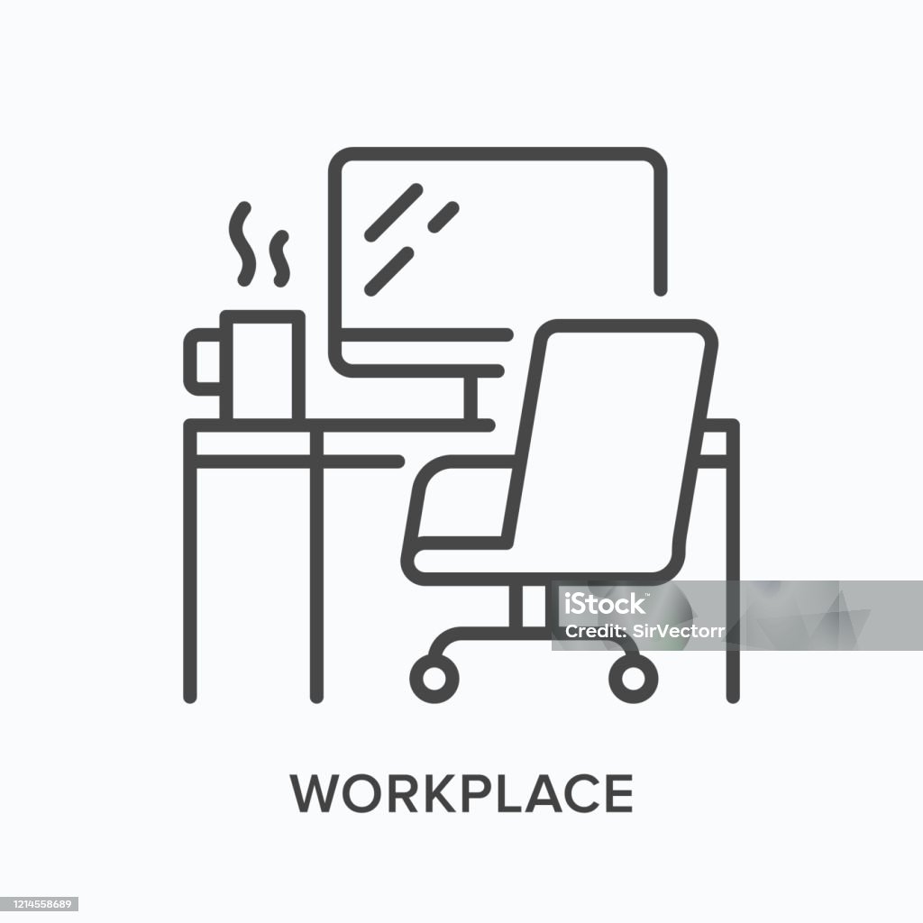Ikon för arbetsplatsrad. Bord, datorskärm, stol och kaffemugg vektor illustration. Linjär skylt med arbetsyta - Royaltyfri Ikon vektorgrafik