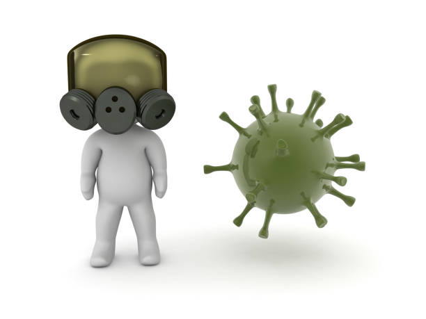 istock 3D Character wearing gas mask next to virus microbe bacteria 1214559612