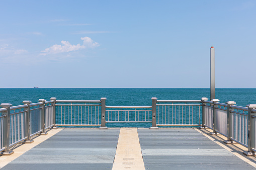 The view of the lake Michigan at the end of a pier in Whiting, Indiana, USA