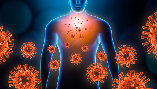 Neumopatía viral 3d representación con glóbulos rojos y cuerpo humano. Coronavirus, cóvido 19, enfermedad respiratoria infecciosa e inflamatoria como conceptos de neumonía o bronquitis. photo