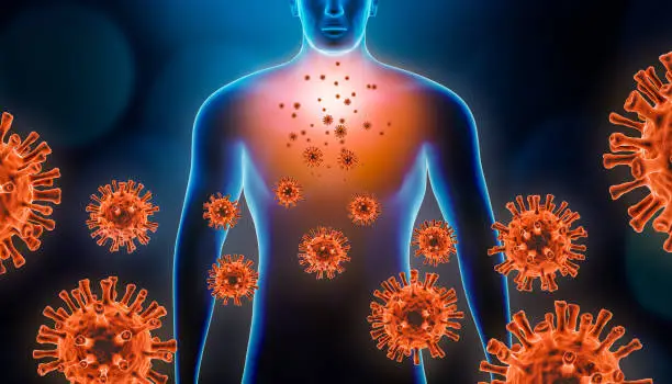 Photo of Viral pneumopathy 3d rendering illustration with red virus cells and human body. Coronavirus, covid 19, infectious and inflammatory respiratory disease as pneumonia or bronchitis concepts.