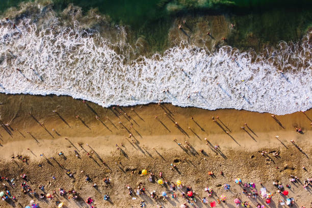 istock Bird's eye view of crowded beach with bathing people 1214565039