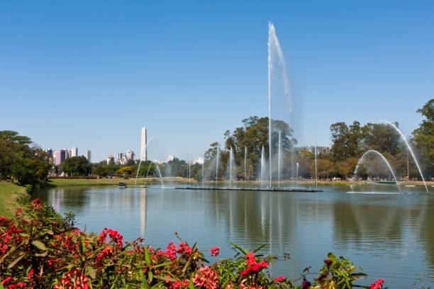 Fountain at Ibirapuera Park, Sao Paulo, Brazil Fountain at Ibirapuera Park with the obelisk in the background, Sao Paulo, Brazil ibirapuera park stock pictures, royalty-free photos & images