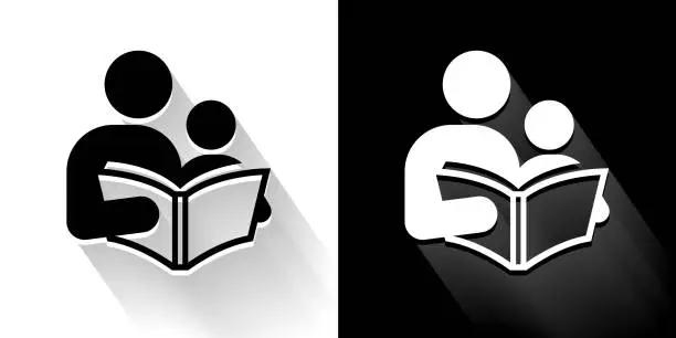 Vector illustration of Reading & Children  Black and White Icon with Long Shadow