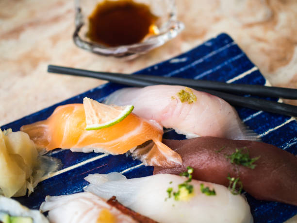 istock Close up of sushi plate 1214568102